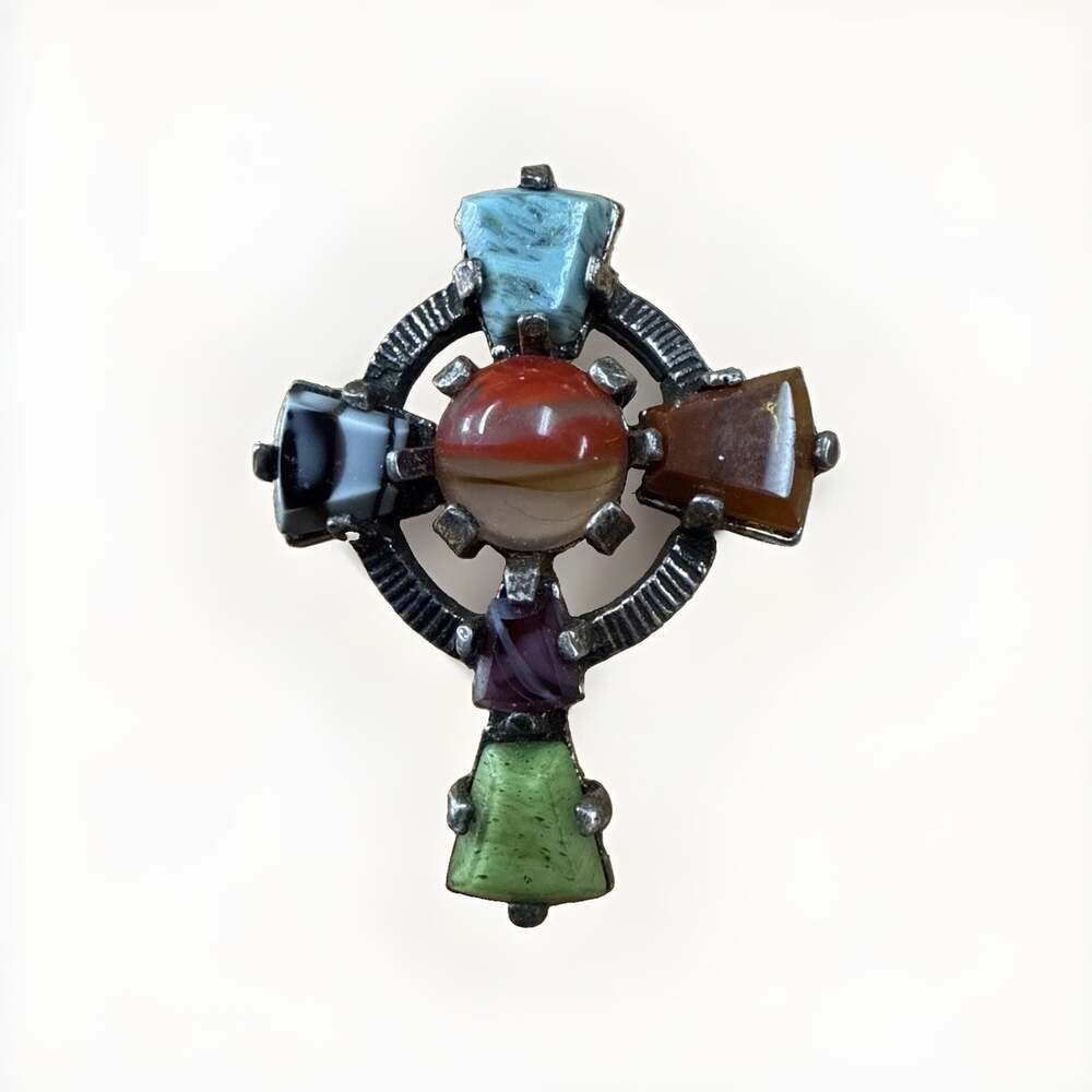 VtgMiracle Celtic Cross Brooch Pendant Multi Stone Agate Silver Tone